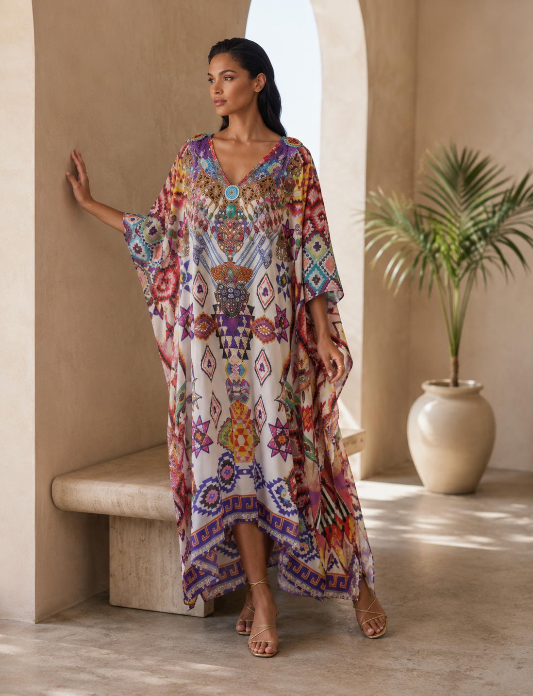 Mosaic Jewel Print Embellished Kaftan